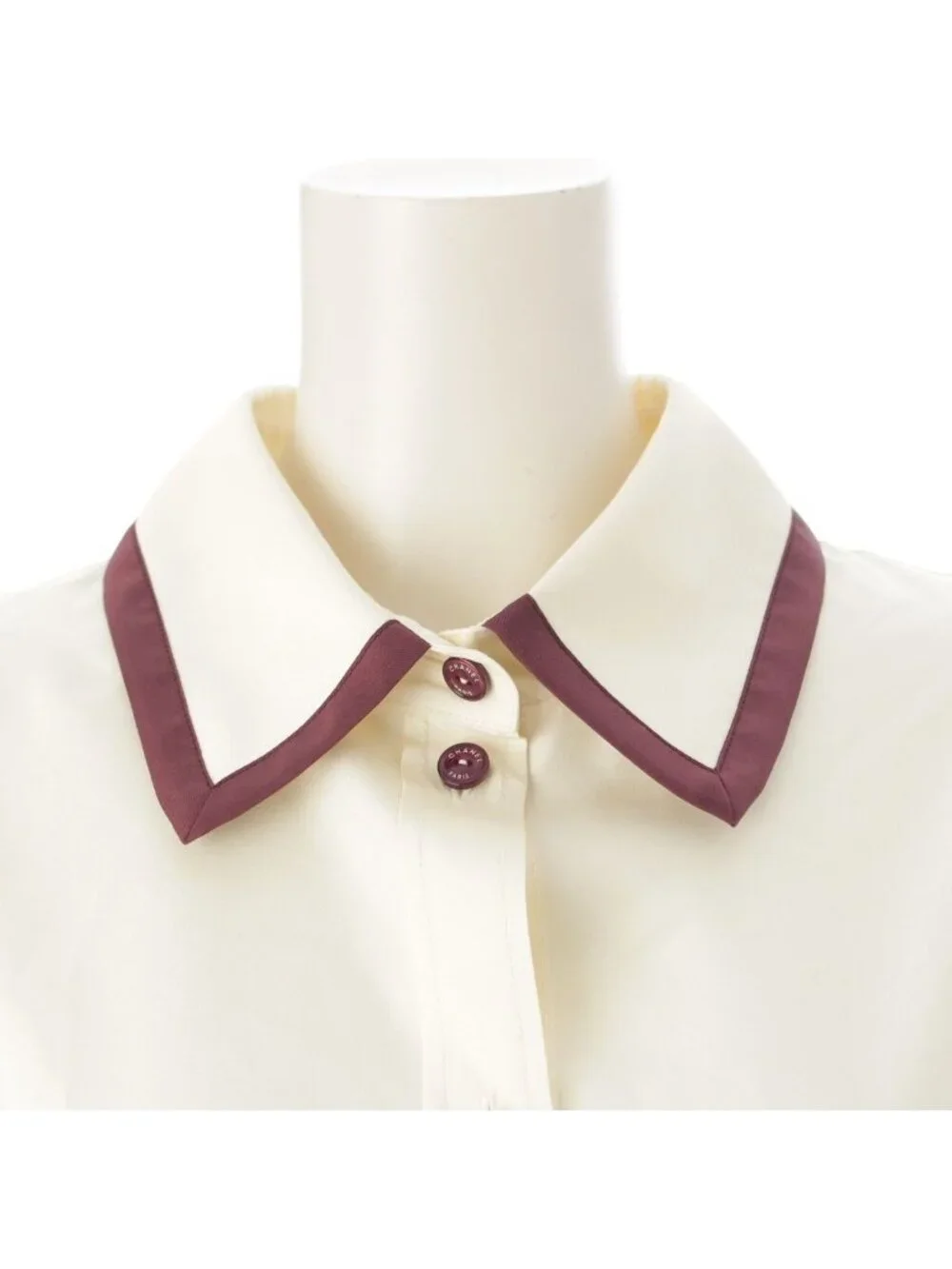 Chanel CC Logo Twill Blouse Long Sleeve Shirt Light Yellow Burgundy 42